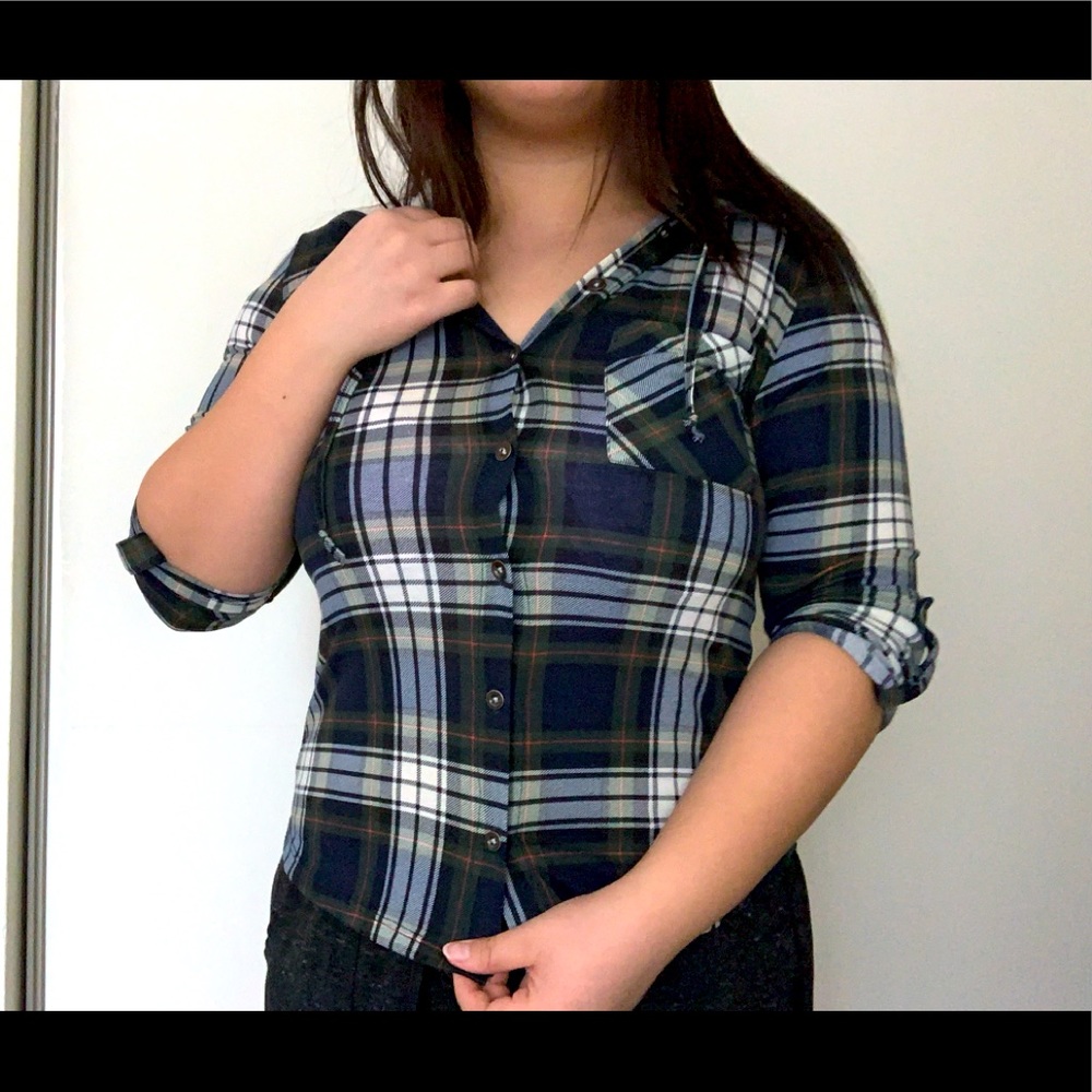 Blue/green Flannel with a hood.